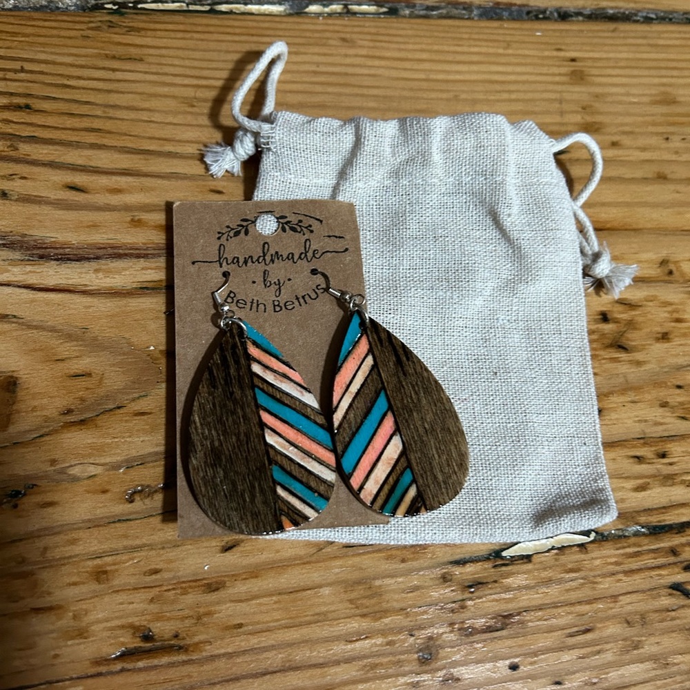 Earrings - wood/turquoise/peach - NEW WITH BAG!